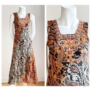 Vintage Bias Cut Paisley  Print Midi Dress w Beaded Detail S
